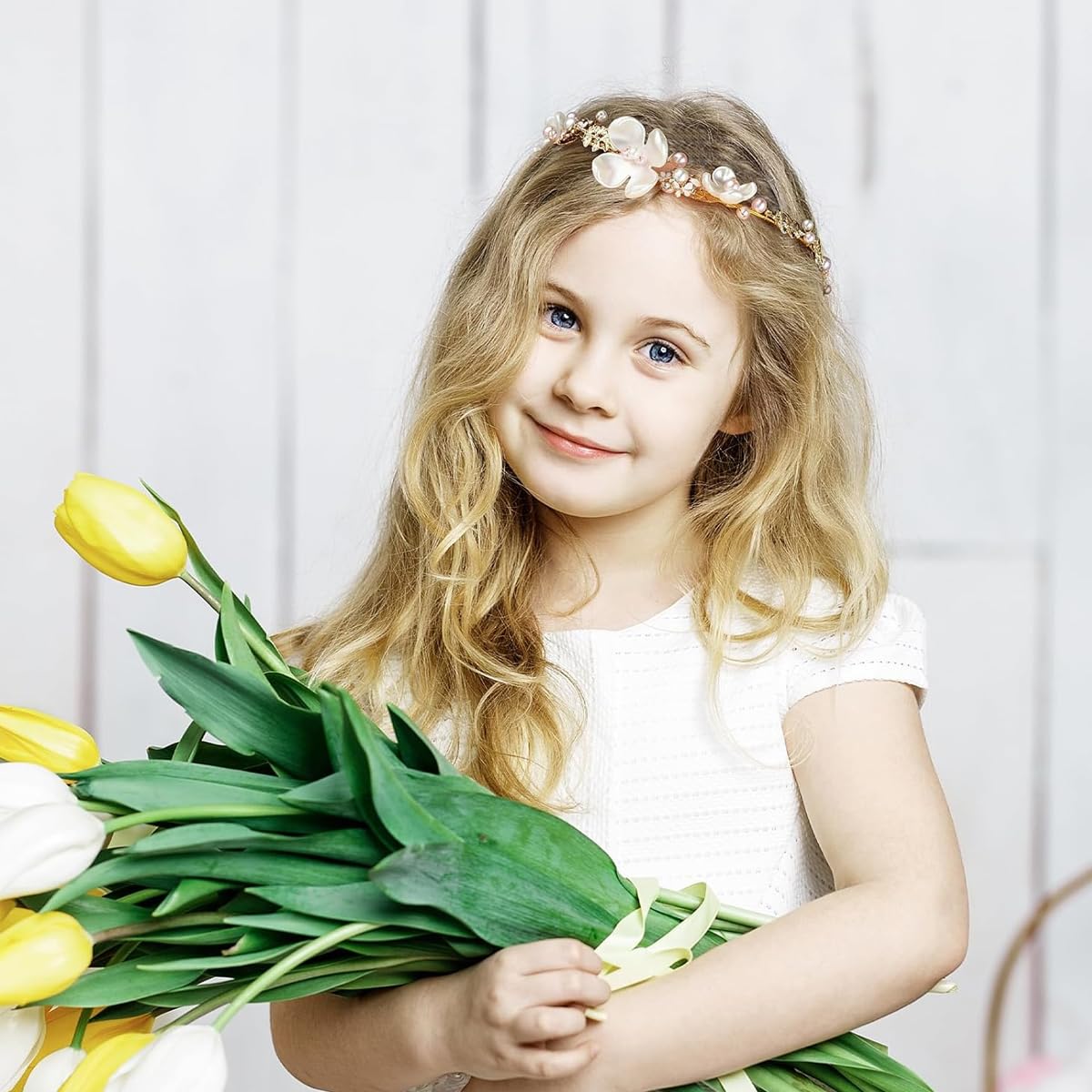 SANNIDHI Flower Girl Headband, Wedding Bridal Hair Accessories, Pearl Floral Headpiece for Women Girls, Princess Dress Up Hairband for Wedding Party First Communion Gifts (Pink)
