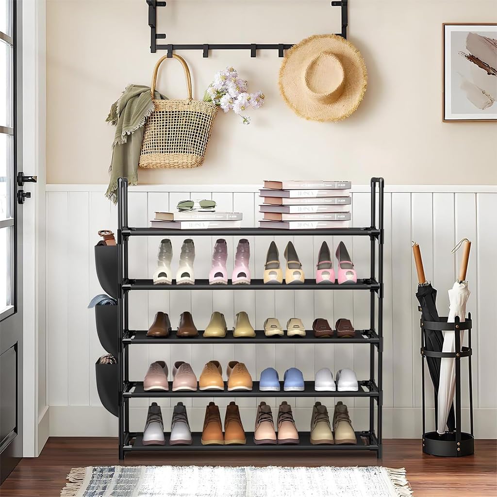 HASTHIP Shoe Rack for Entryway with 5 Tiers and 3 Side Pouches 85x28x88cm Non Woven Fabric