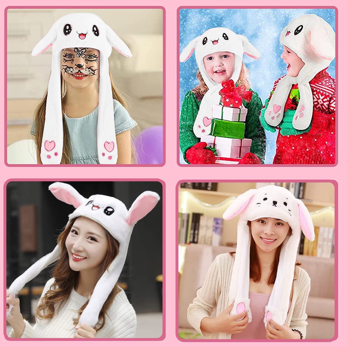 Zibuyu Bunny Plush Hat for Kids and Women featuring Moving Ears and Soft White Material | 3 PCS Gift Set
