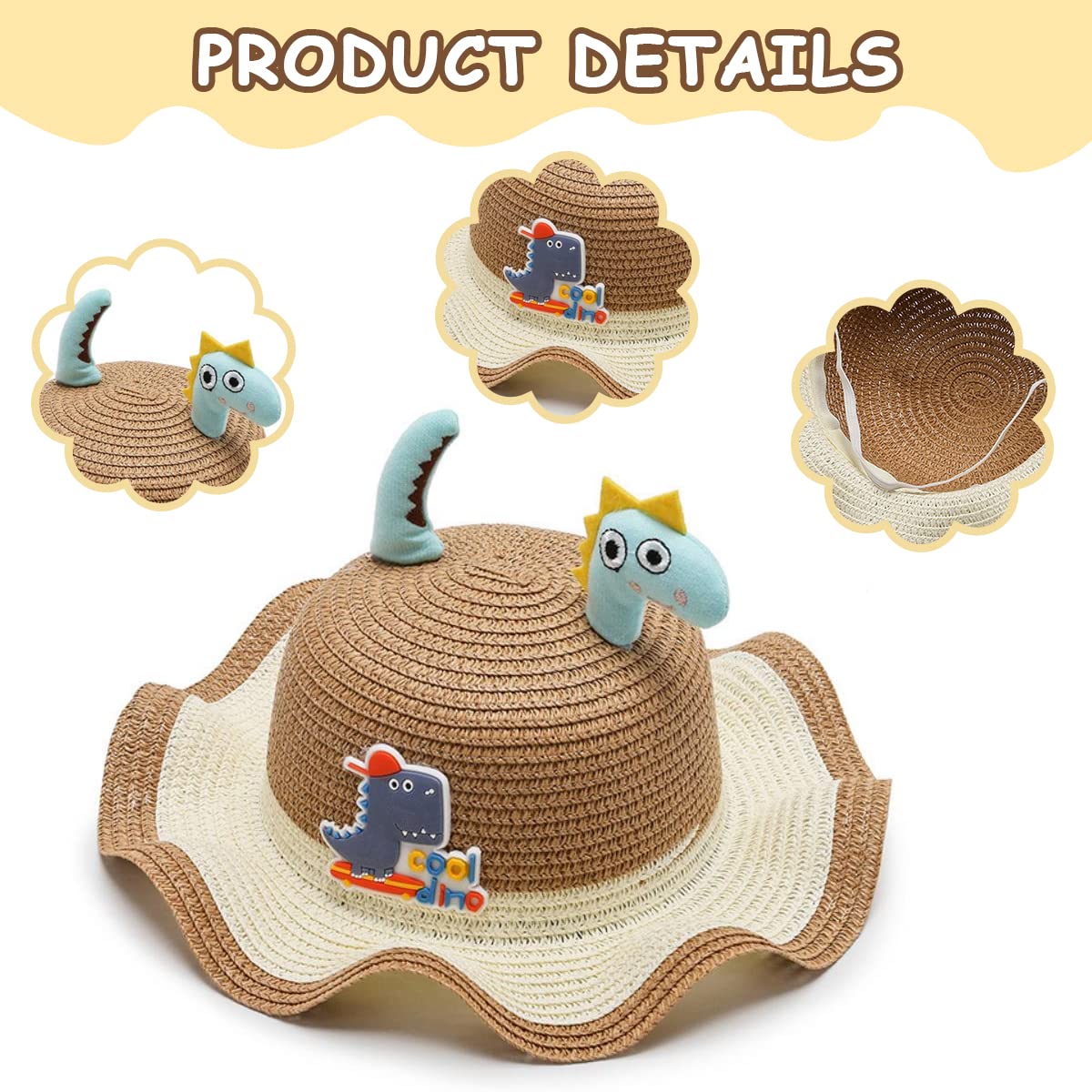 Zibuyu Summer Straw Hats for Kids with Cute Cartoon Design and Ruffled Rim | Brown 4–6 Year-Old Boys and Girls