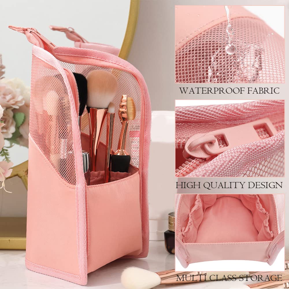 MAYCREATE Makeup Brush Bag for Travel with 2 in 1 Stand Holder and 15–20 Brush Capacity | Pink