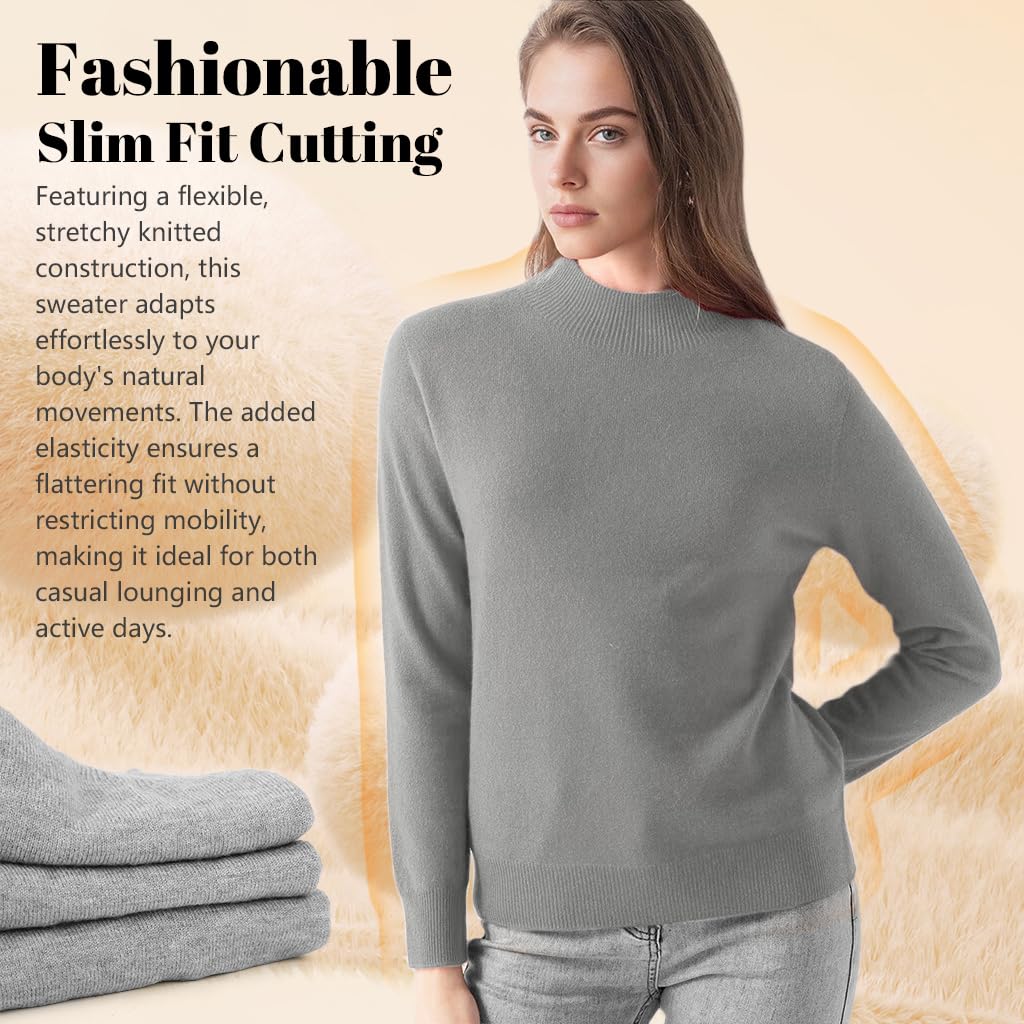 SANNIDHI Women's Cashmere Sweater for Fall Winter with Mock Neck and Slim Fit | Grey Pullover