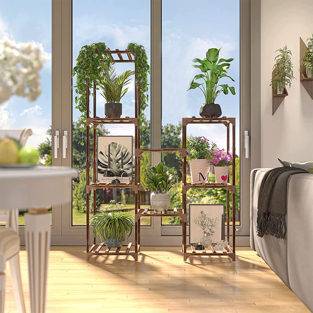 HASTHIP 4 Tier Plant Stand for Balcony and Indoor with 9 Pot Spaces and Off Ground Design | Solid Wooden Rack for Living Room Patio Garden