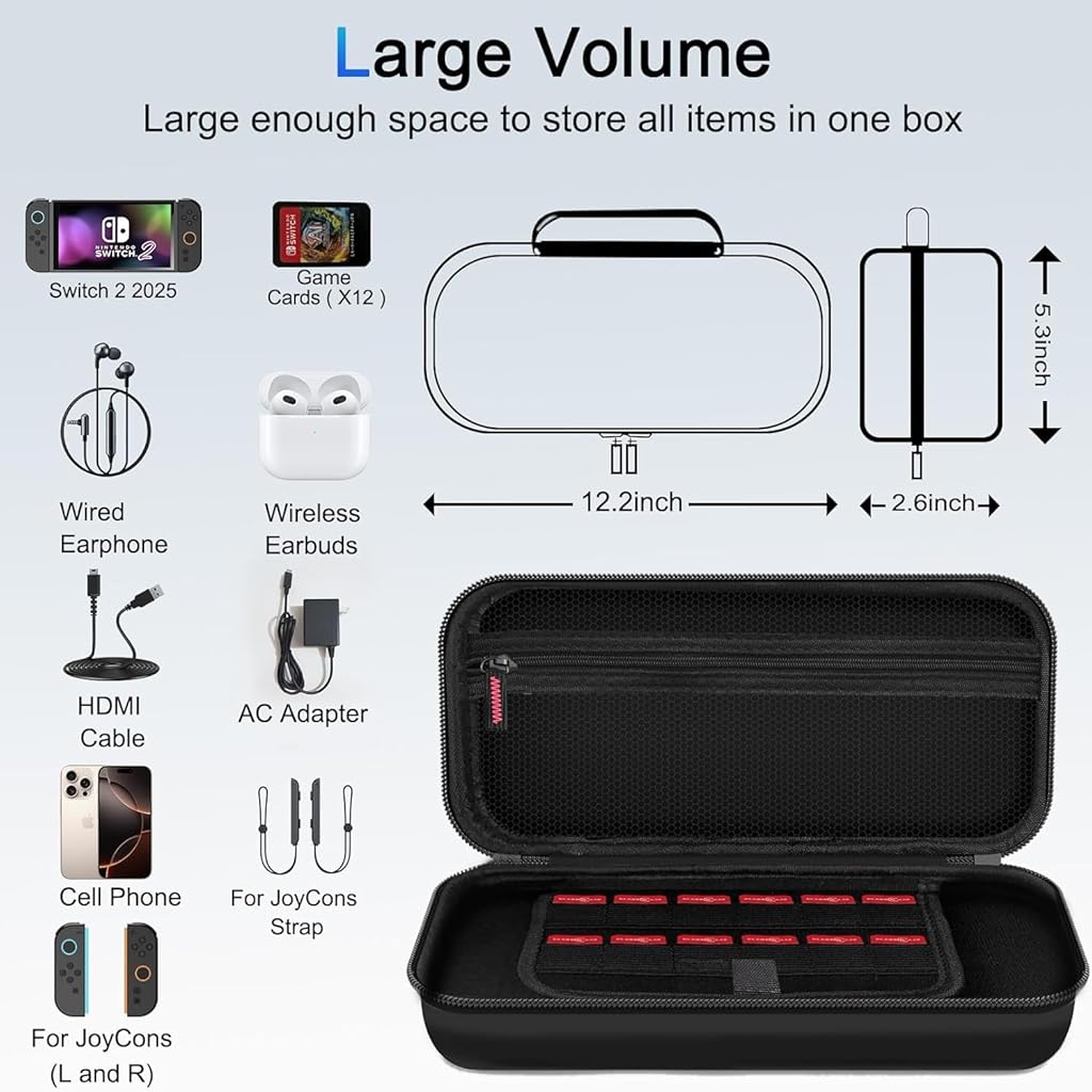 ELEPHANTBOAT® Compatible with Switch 2, Travel Bag Carry Bag for Switch Gamepad, with 12 Games Cartridges Slot & Mesh Pouch, Anti-scratch EVA Protective Hard Shell Carry Bag Accessories Bag