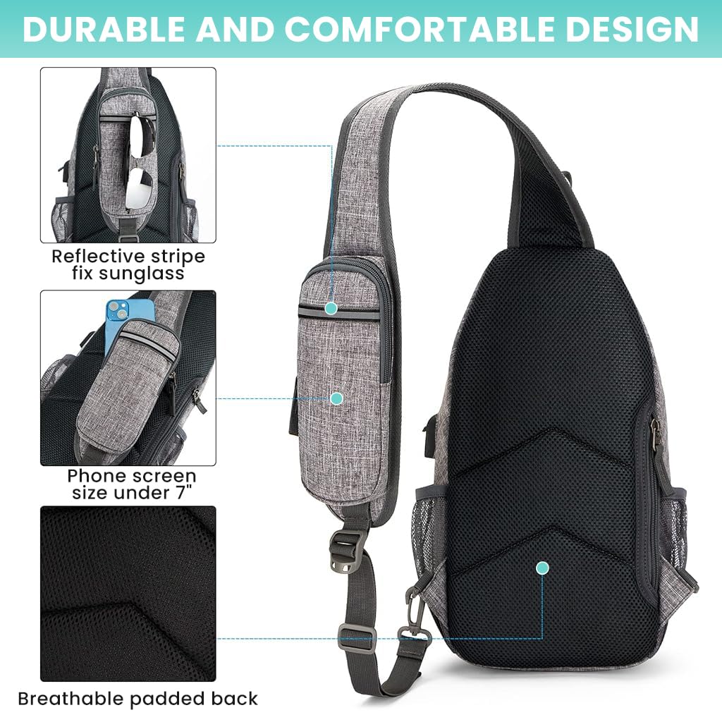 GUSTAVE Crossbody Bag for Travel and Hiking with 7 Inch Phone Pouch and Charging Port | Gray