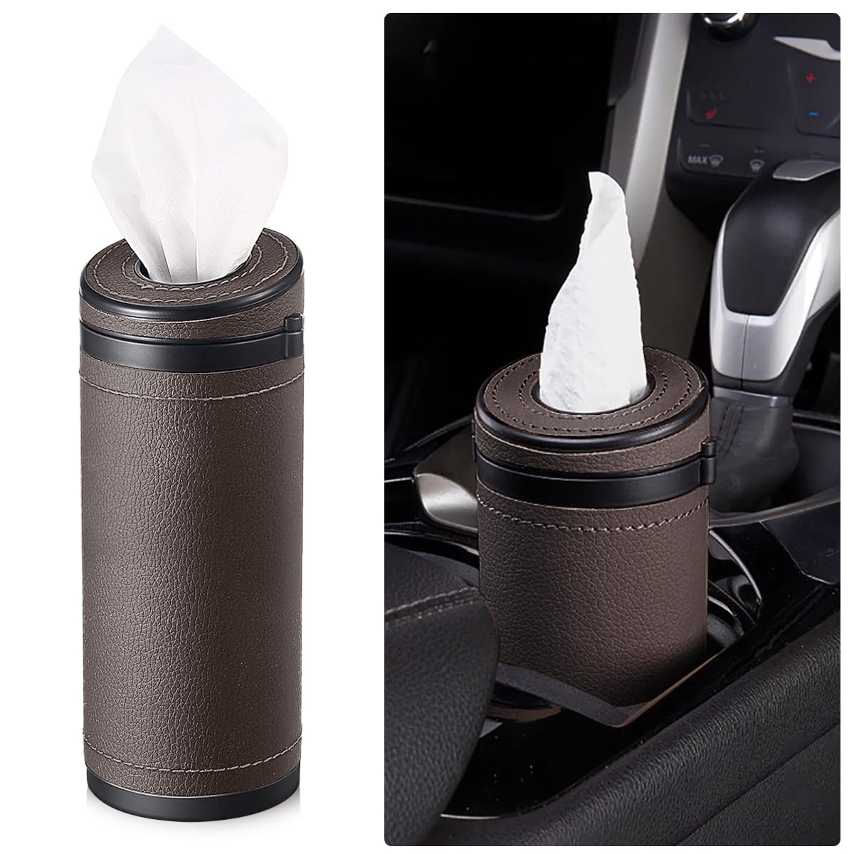 HASTHIP Car Tissue Paper Holder for Cup Holder with 2.63 in Round Design | PU Leather 2PCS