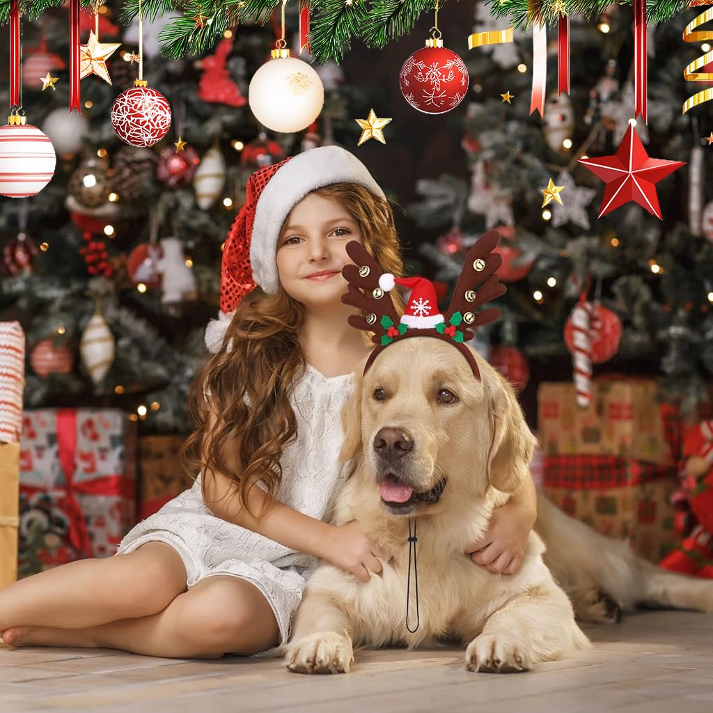 Qpets Dog Christmas Headband with Adjustable Chin Strap for Holiday Photos | Festive Elk Horn Santa Hat for Dogs and Cats