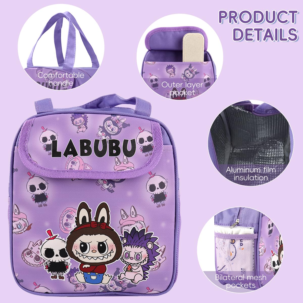 HASTHIP Kids Lunch Bag for School and Picnic with Insulated Waterproof Nylon 23x13x23cm | Cute Cartoon Design and Extra Pockets