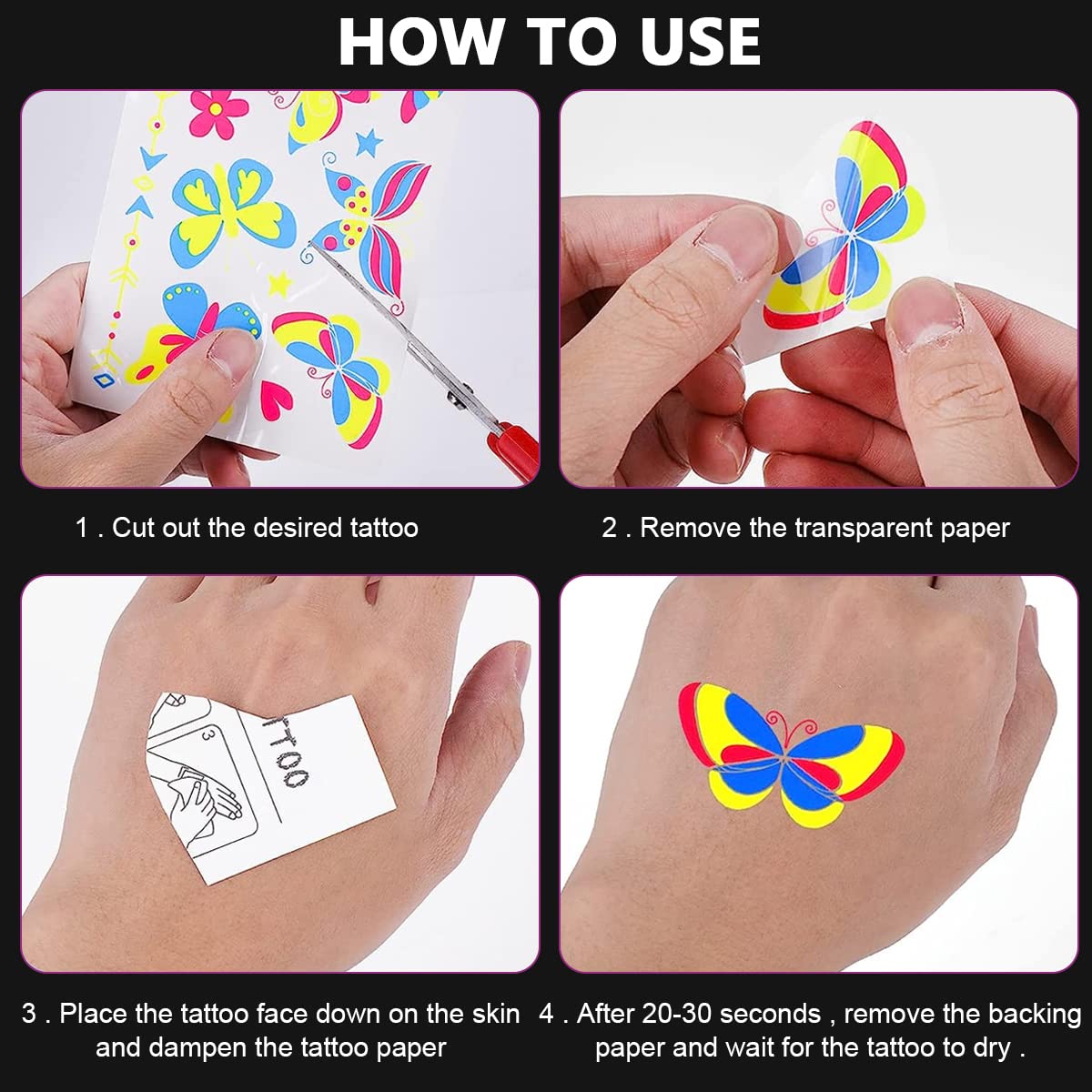 MAYCREATE Temporary Tattoos Stickers for Party and Rave featuring 10 Sheets 17×9.6cm Glow in the Dark Designs | Waterproof UV Neon Body Art for Men and Women