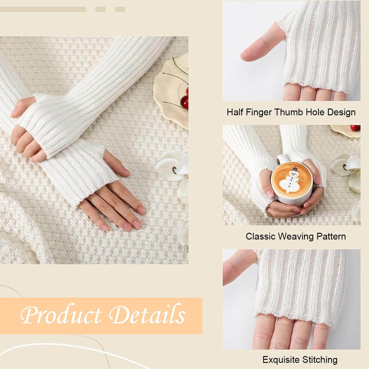 PALAY Hand Warmers for Women featuring 50cm Fingerless Design with Thumb Hole | White Knit Arm Sleeves
