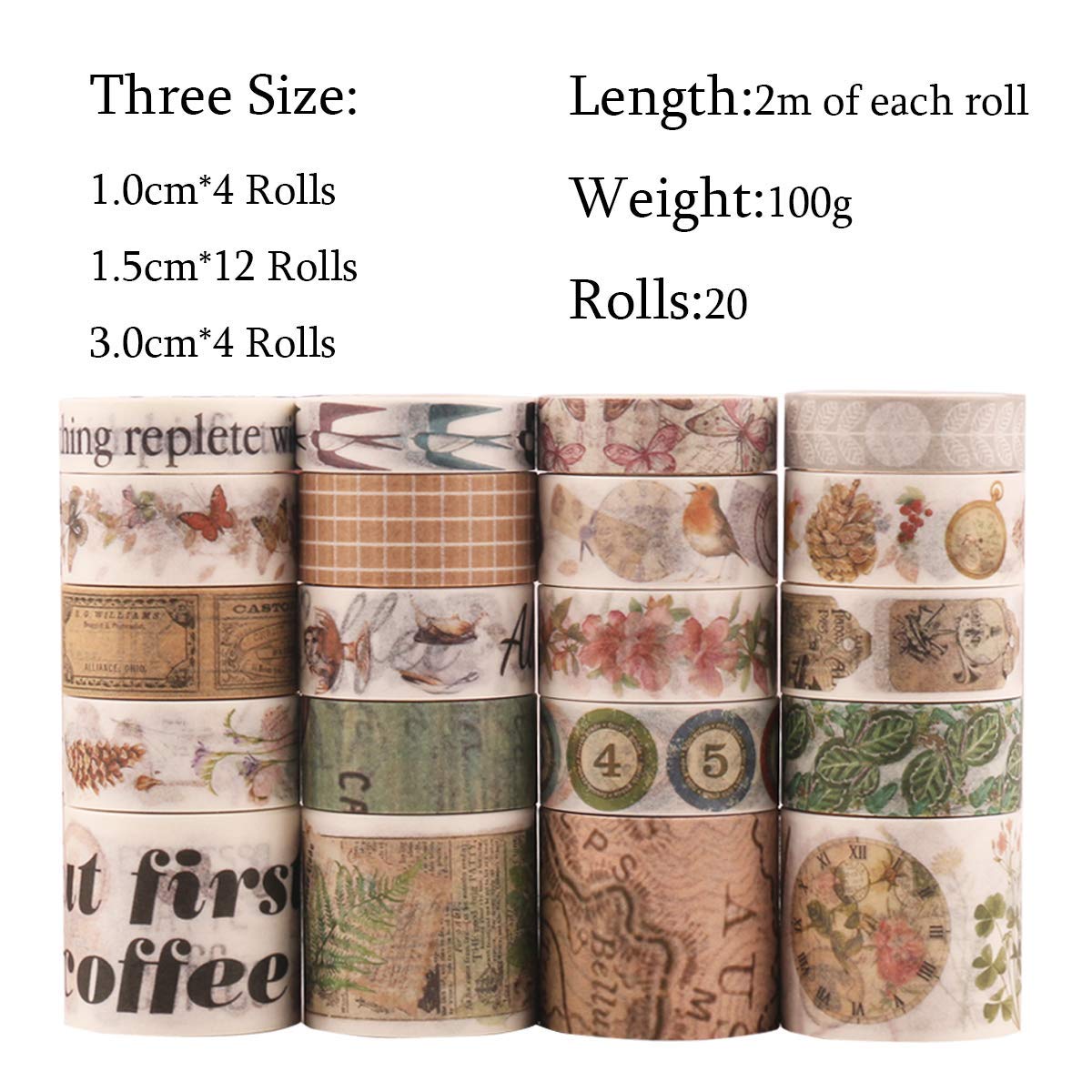 HASTHIP Washi Tape Set for DIY Crafts and Journals with 20 Rolls 3m Each | Vintage Designs