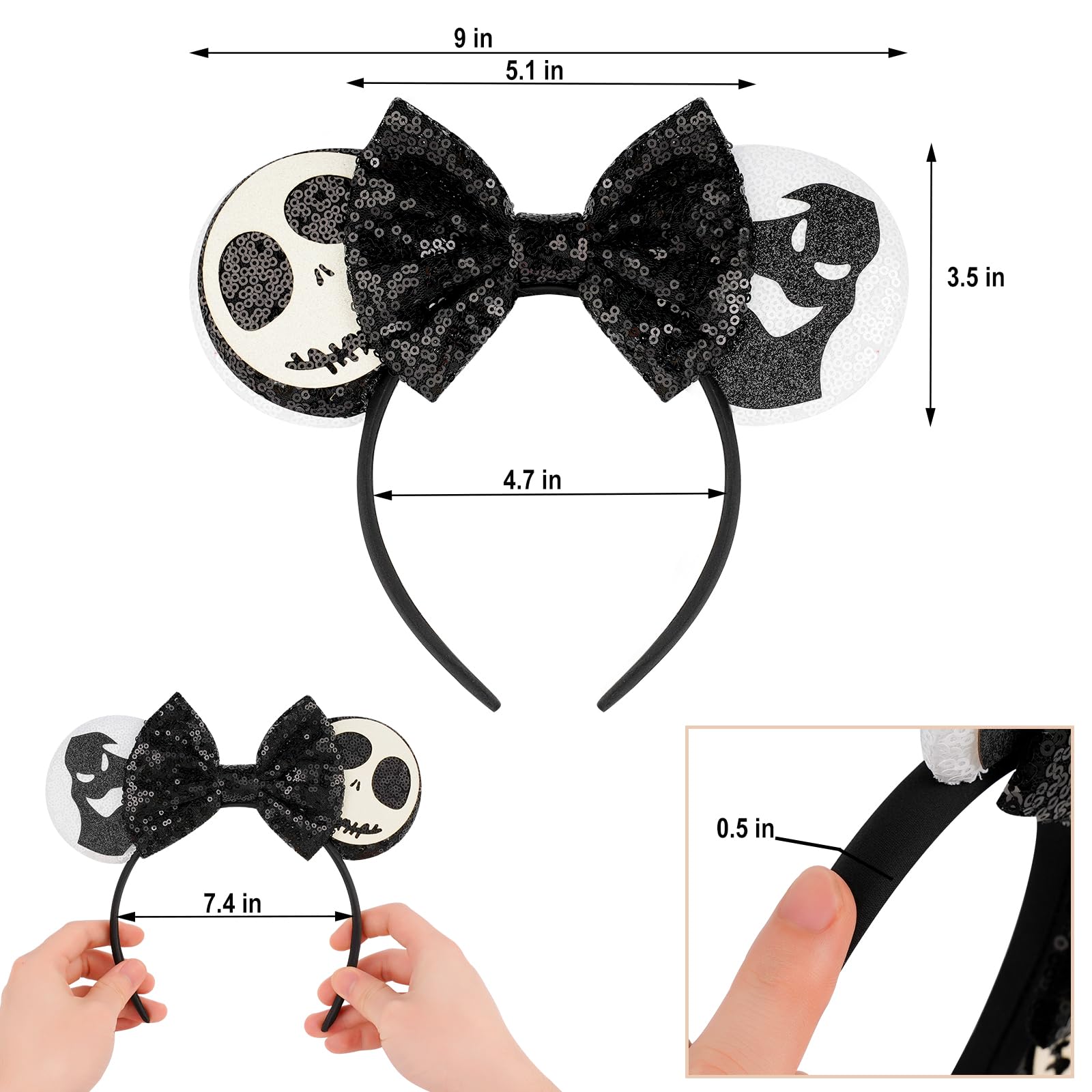 PATPAT Halloween Headband for Girls with Sequin Bow and Mickey Style Ears | Spooky Skull Ghost Costume Accessory