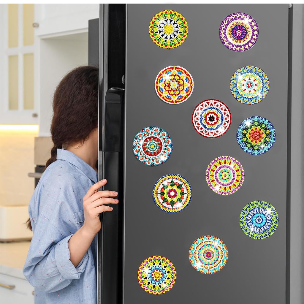 HASTHIP® DIY Diamond Painting Art Kit Set of 12 Sparkling Mandala Style Color Diamond Fridge Magnets Home Decor Stylish DIY Diamond Painting Fridge Magnets with Tools DIY Gift