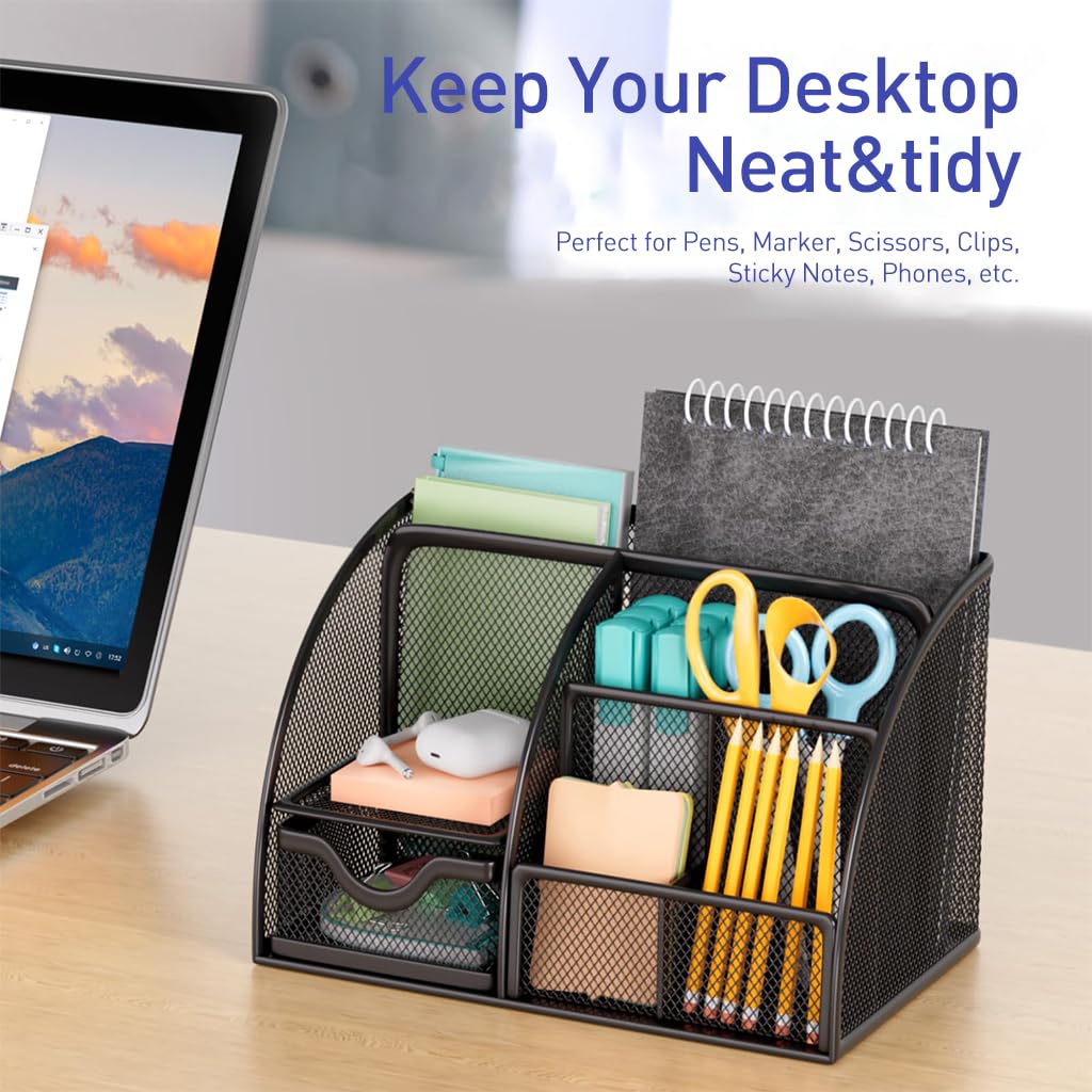 Zibuyu Metal Desk Organizer for Office Supplies with 7 Compartments and Drawer 22x14x13 cm