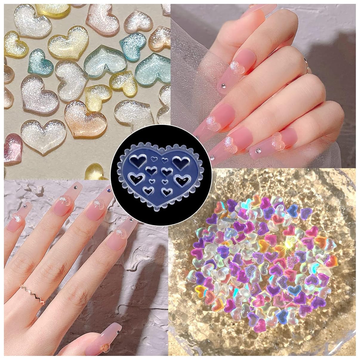 HASTHIP Nail Charms Resin Mold Set for DIY 3D Nail Art with Hearts Flowers and Crowns | 5Pcs Silicone Molds