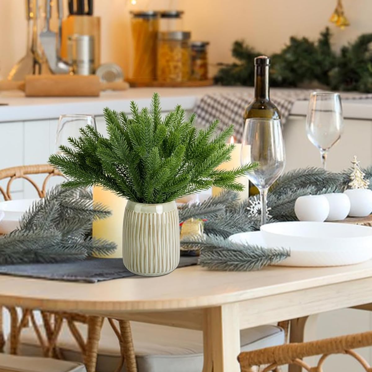 HASTHIP 30pcs Realistic Pine Branches for Christmas Decoration 10inches Pin Needle Branches Home Decor DIY Christmas Realistic Green Decoration for Vase, Table Setting, Garland Wreath