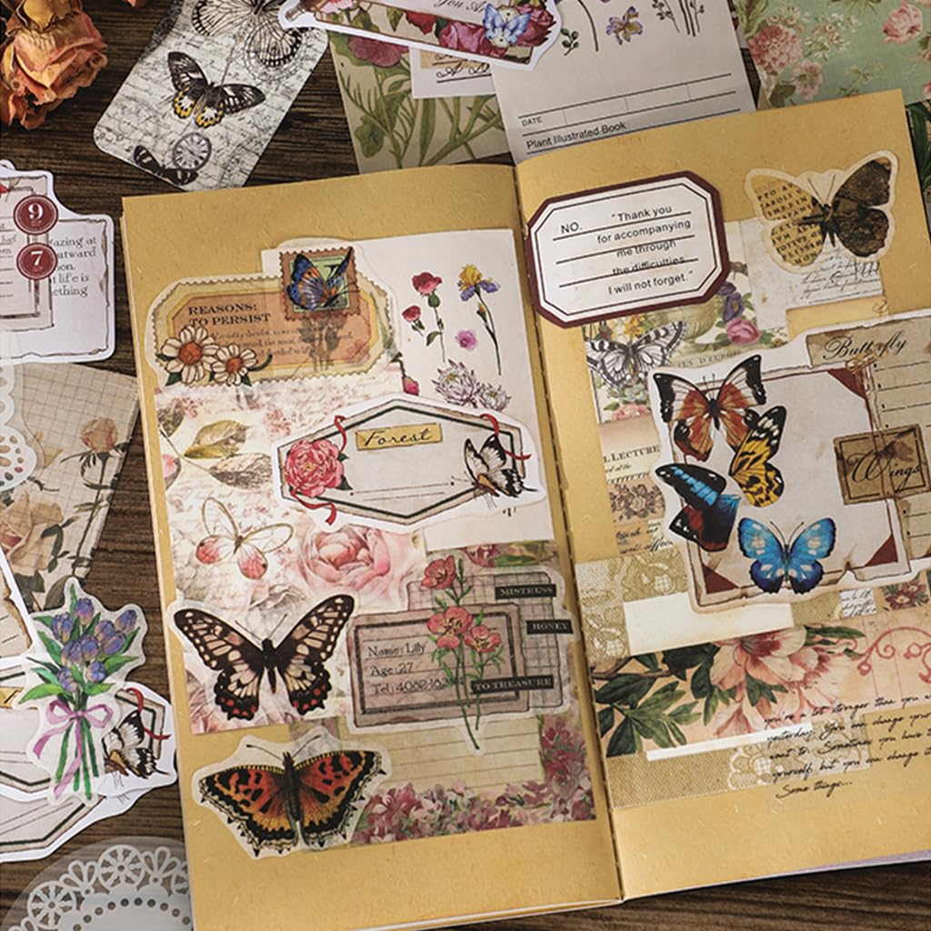 HASTHIP Journaling Supplies for Scrapbook and DIY Crafts with 260 pcs Floral and Vintage Elements | Stickers and Washi Paper Set
