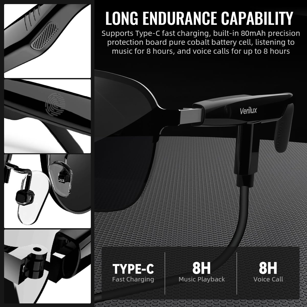 Verilux Smart Glasses Sunglasses with Bluetooth 5.4 and 80mAh Battery featuring Voice Control | Polarized UV400 Lenses for Outdoor Music and Hands‑Free Calls