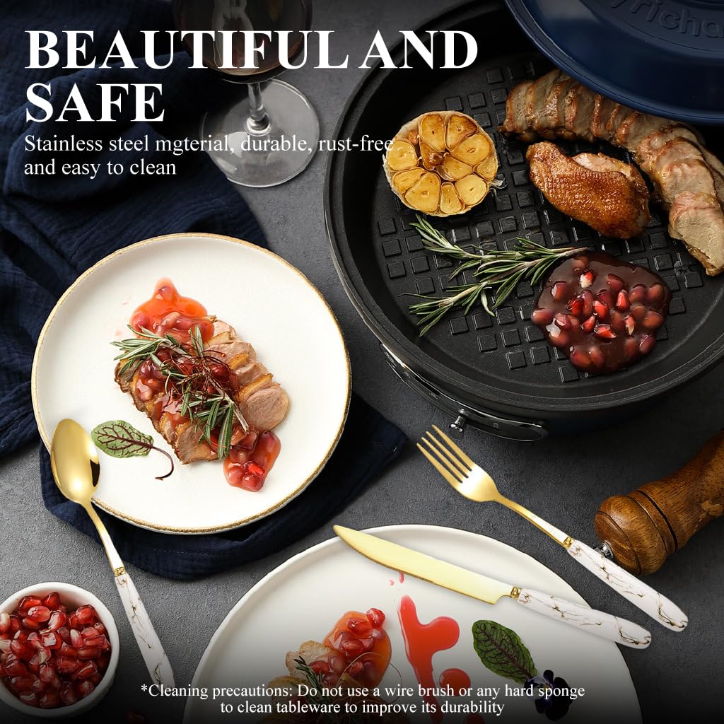 ZIBUYU Spoon Set for Kitchen with 24 Pieces and Cracked Pattern Handles | Golden Stainless Steel Cutlery