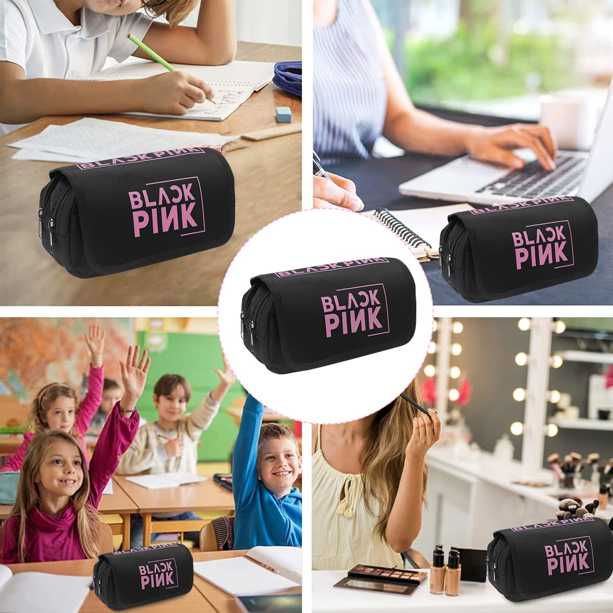 HASTHIP Cosmetic Bag Organizer for School and Travel with Double Zippers 15×15×20cm | Polyester Blackpink Prints Pouch for Fans