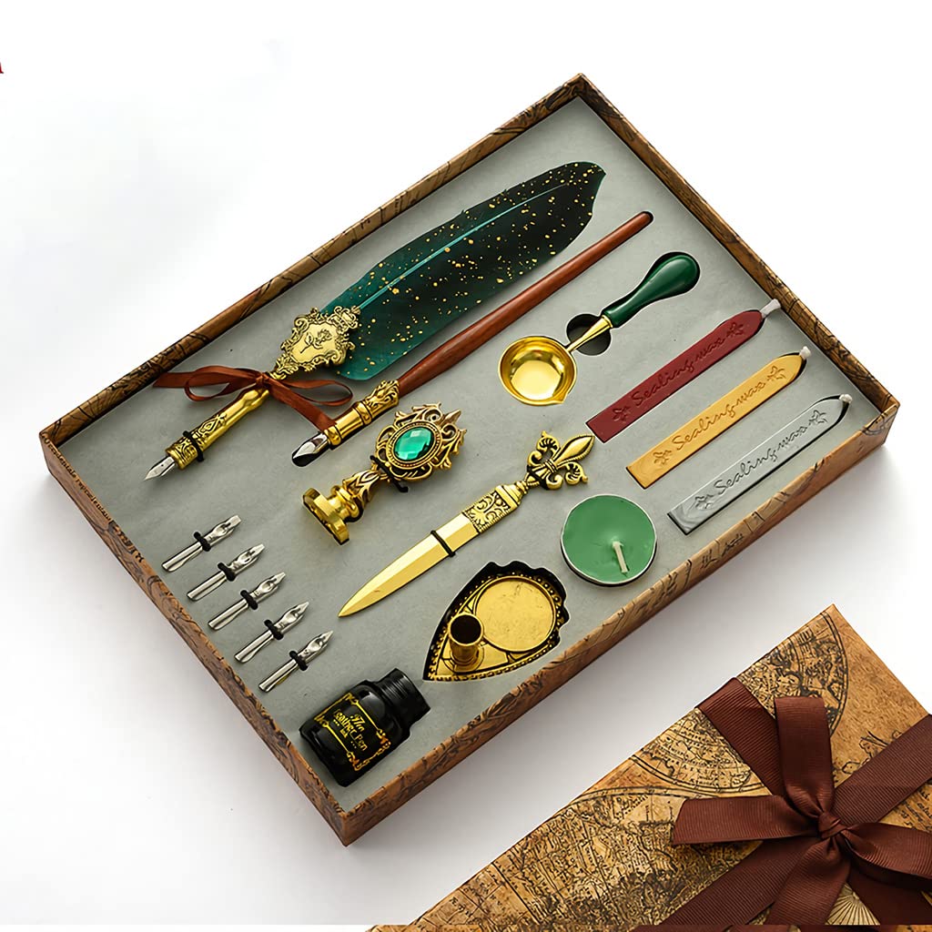 HASTHIP Quill Pen and Ink Set, Calligraphy Feather Pen with Wax Seal Stamp, Includes Feather Dip Pen, Ink, 5 Replacement Nibs, 3 Wax Seal Sticks,Pen Nib Base,Seal Stamp, White Wax,Spoon (Green)