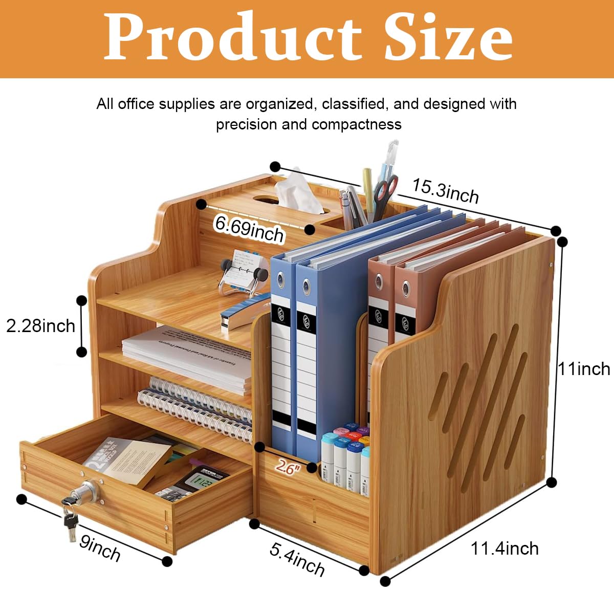 Climberty Wooden Desk Organizer for Office and Home with Lockable Drawer | Cherry Wood 38.3×29×28 cm