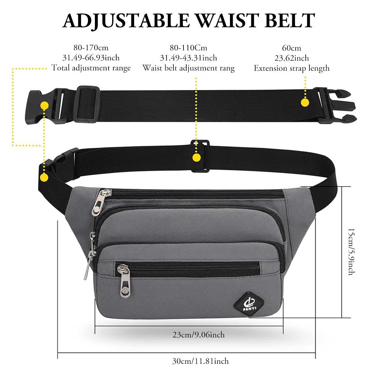 GUSTAVE® Waist Bag for Men Crossbody Chest Bag with 4 Zipper Pouches, Adjustable Waterproof Lightweight, Multi-Functional Fashion Design, Ideal for Travel and Daily Commute, 30x7x14cm