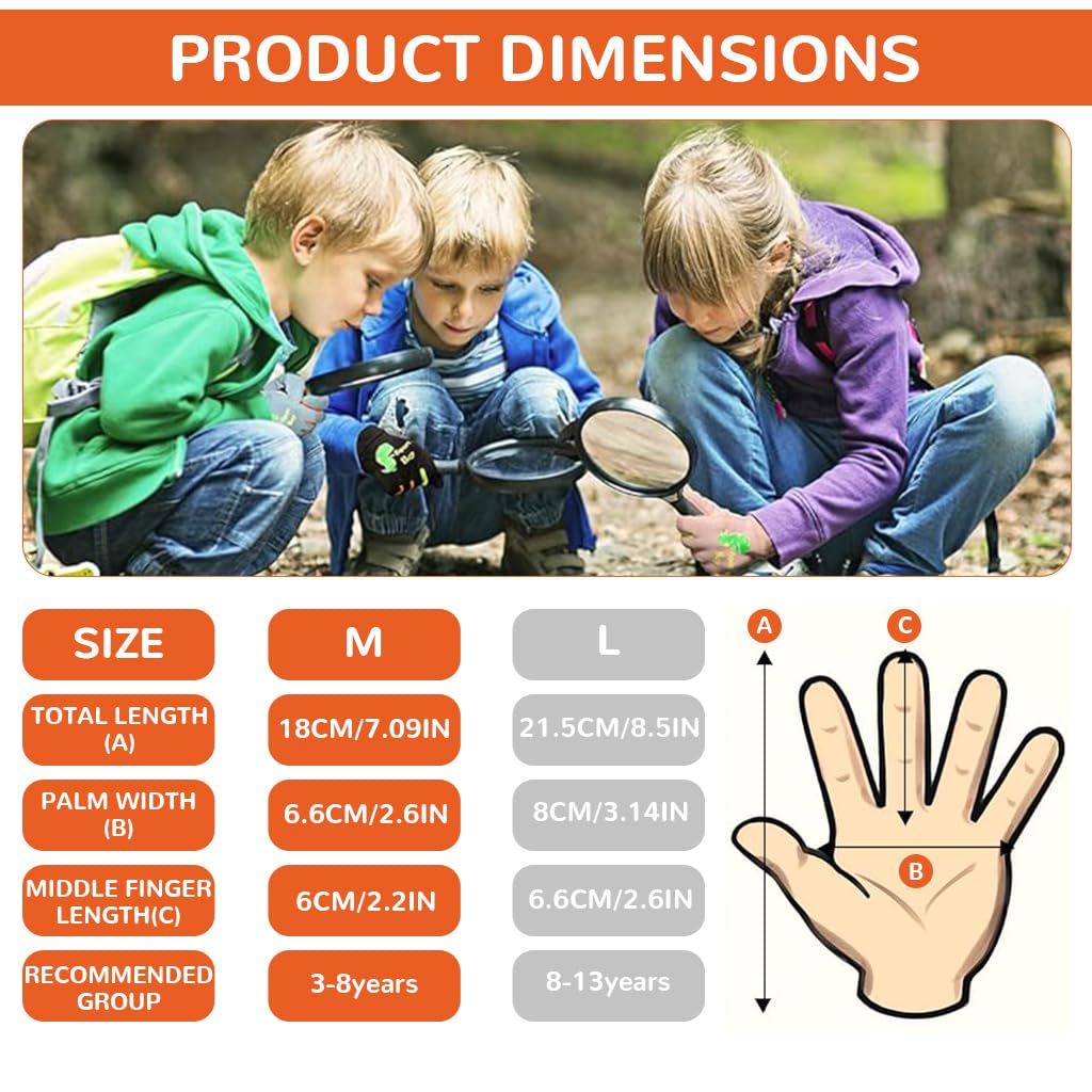 PROBEROS Child Winter Riding Gloves with Reflective Dino Pattern and Coral Fleece Liner for Kids Aged 3–8 | Windproof & Splashproof Outdoor Sports Warmth to -5°C