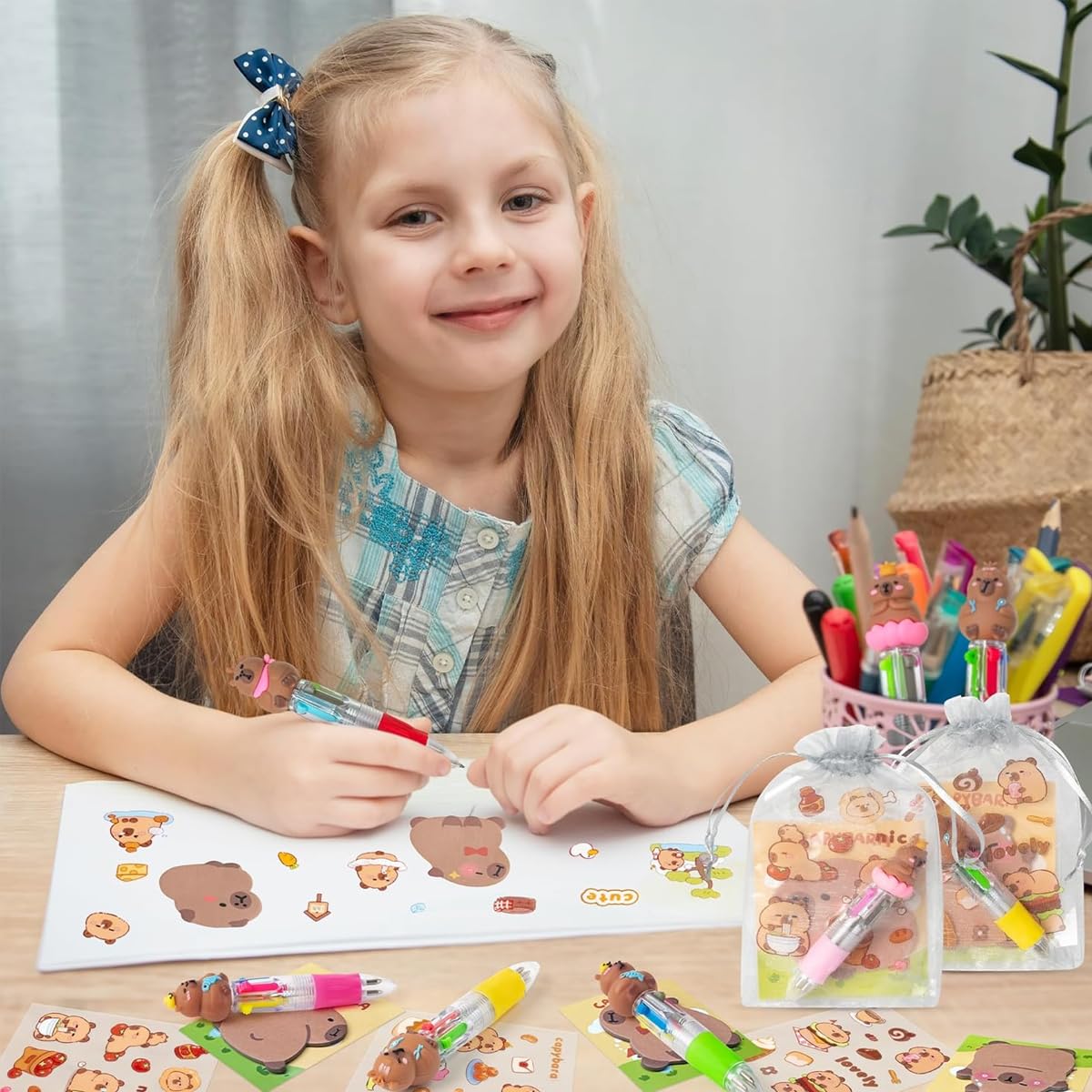 Climberty Cartoon Student Stationery Gift Kit with Pens Sticky Notes & Stickers for School | Cute Capybara Set in Sheer Drawstring Bag