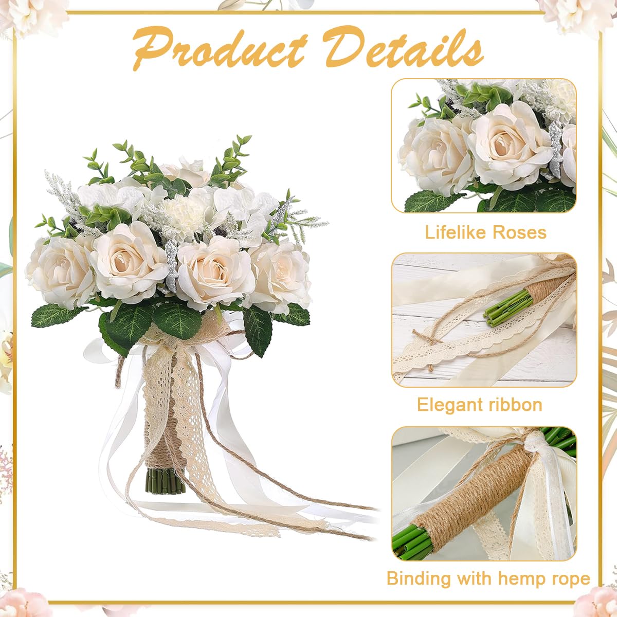 Supvox Artificial Flowers Wedding Bouquet for Bride with Lace Bowknot and White Roses 8.26x10.2 in