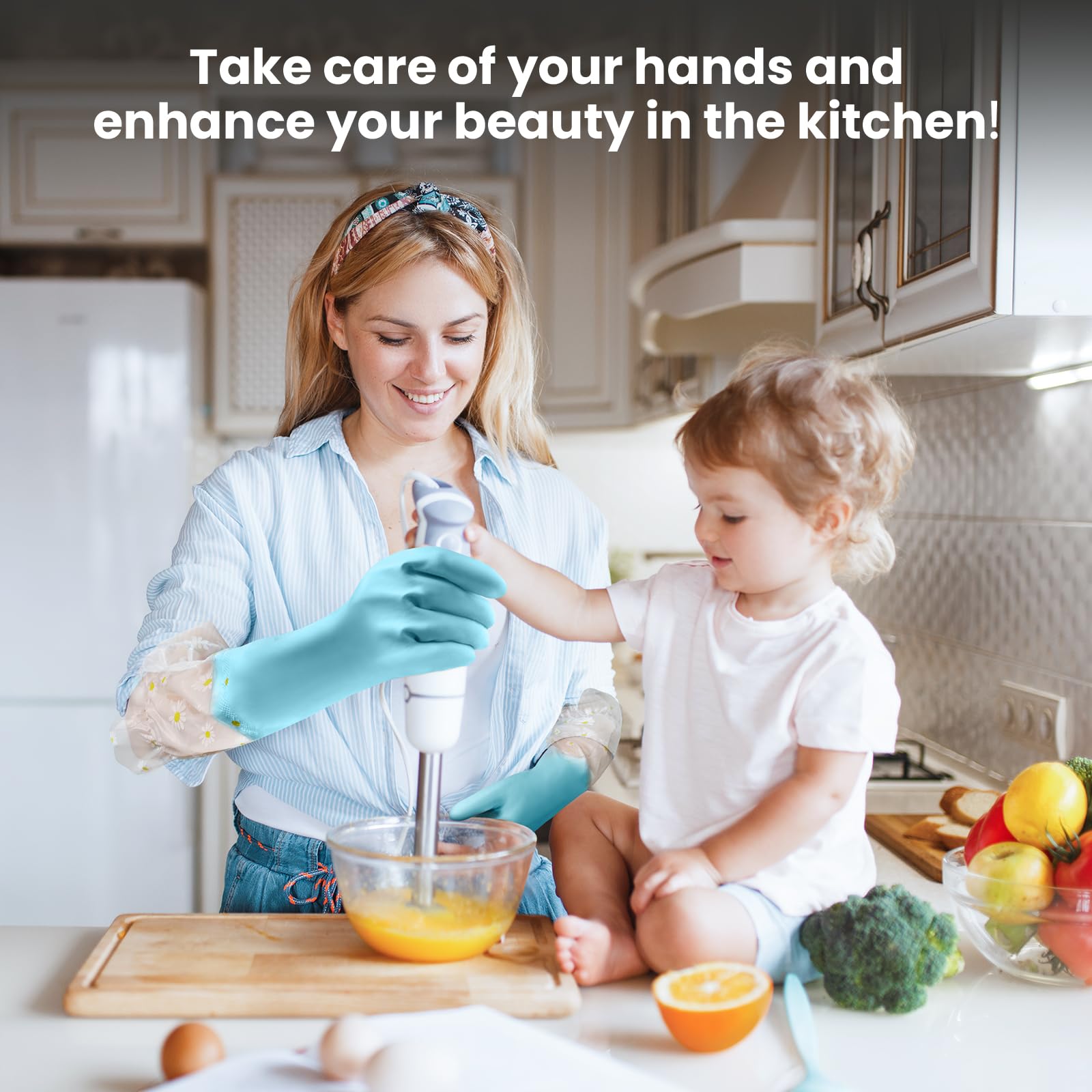 Supvox Kitchen Dishwashing Gloves for Household Cleaning with Anti Slip Palms and Elastic Cuffs | 2 Pairs Waterproof PVC Forearm Length Design