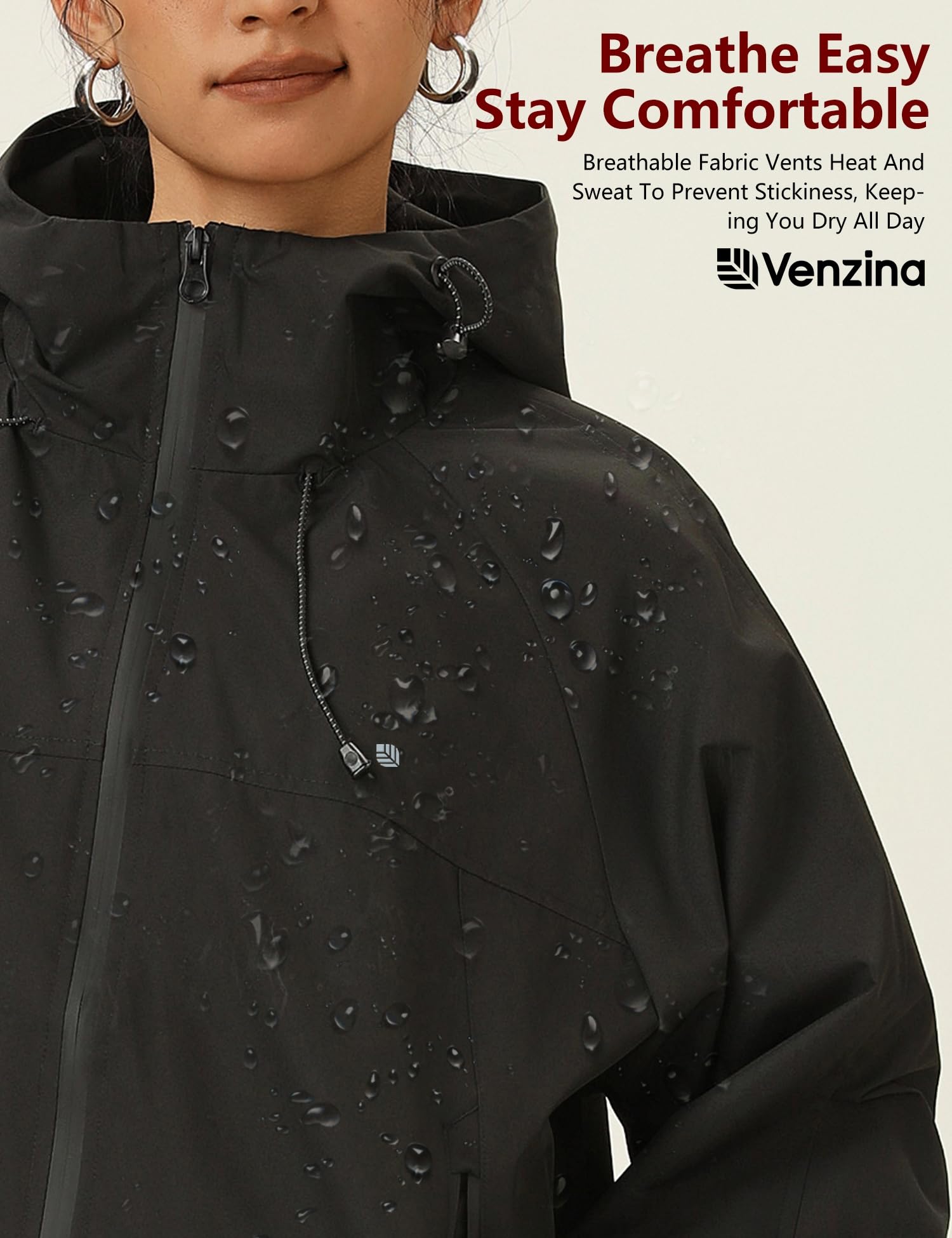 Venzina Women's Waterproof Jacket for Travel and Commuting featuring 75D Windproof Fabric | Black Lightweight Hooded Coat