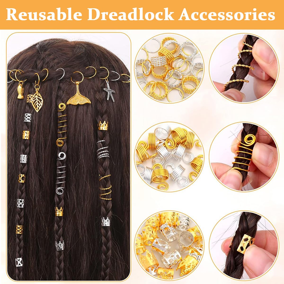 PALAY® 292pcs Hair Jewelry for Braids, Assorted Dreadlocks Hair Braiding Charms, Stylish Metal Hair Pendants Coils Rings Clips Hair Accessories for Women Girls