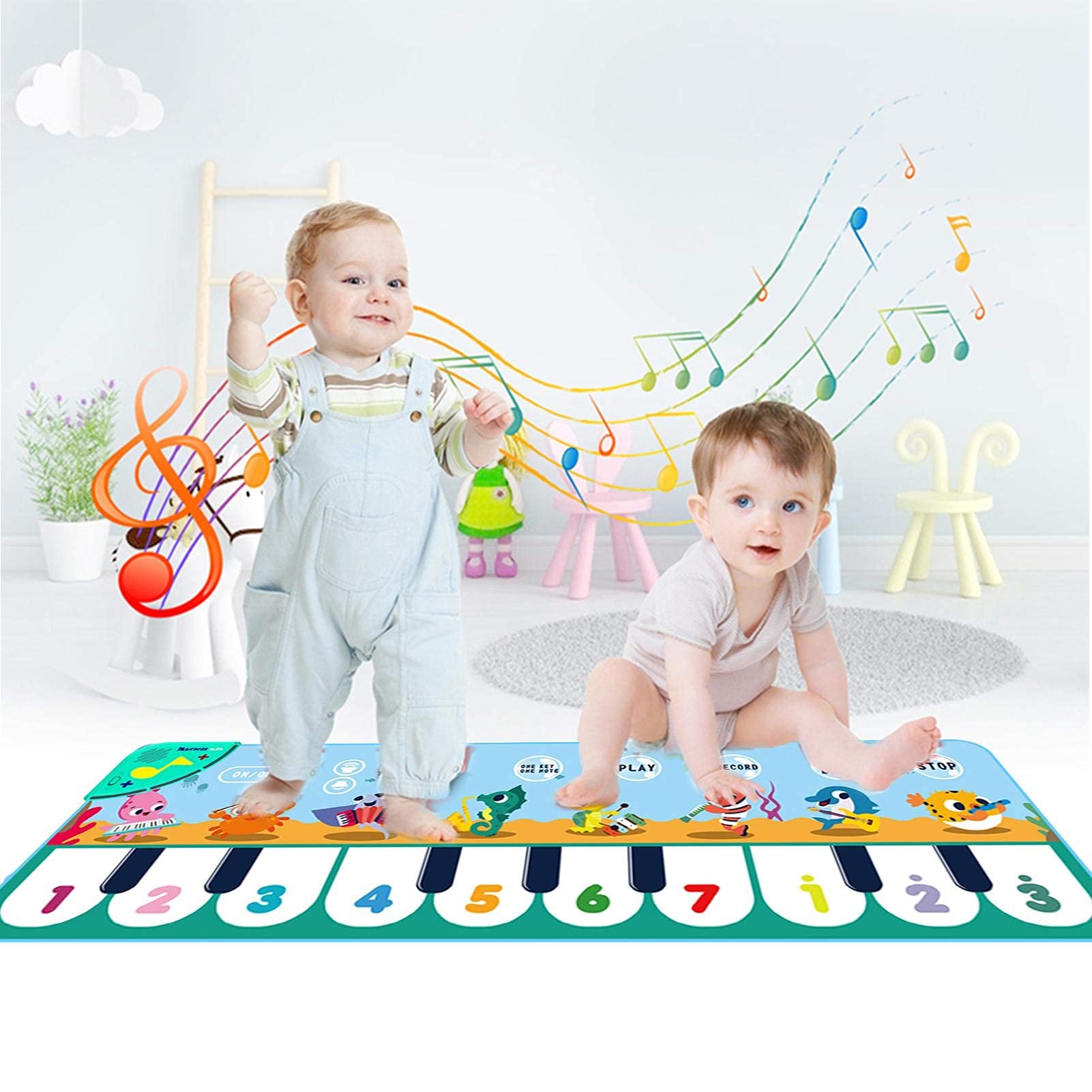 PATPAT® Musical Mat for Kids, 8 Sounds Music Piano Keyboard Dance Floor Mat Carpet Animal Blanket Touch Mat Musical Toys Early Education Toys for Baby Girls Boys 1-3 Years Old(43.3x14.2in)