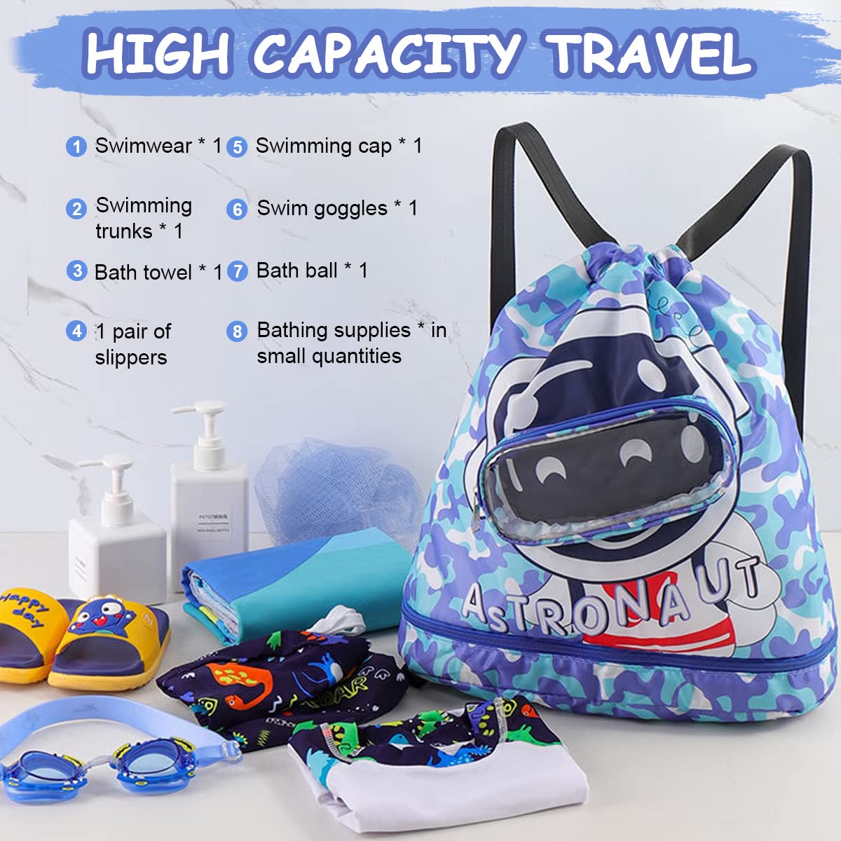 PALAY® Swimming Bag for Kids Cartoon Print Shoulder Bag for Kids Large Capacity Backpack for Boys Girls Wet Dry Separation Beach Bag Storage Bag for Clothes, Swimming Goggles