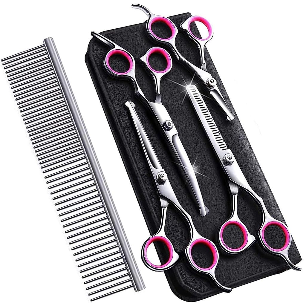 Qpets® Dog Grooming Kit 5 Pack, Stainless Steel Dog Trimmer Kit, Pet Grooming Scissors Set with Grooming Comb, Cutting Scissors Thinning Shear Curved Scissors, Grooming Hair for Small Large Dog Cat