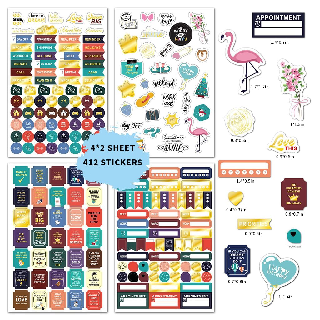 HASTHIP® 8 Sheets Label Planner Stickers - Colorful Yearly Monthly Set for Planners, Journals, and Calendars - 412Pcs Stickers - Great Value Pack for Educators, Homeschoolers, and Students