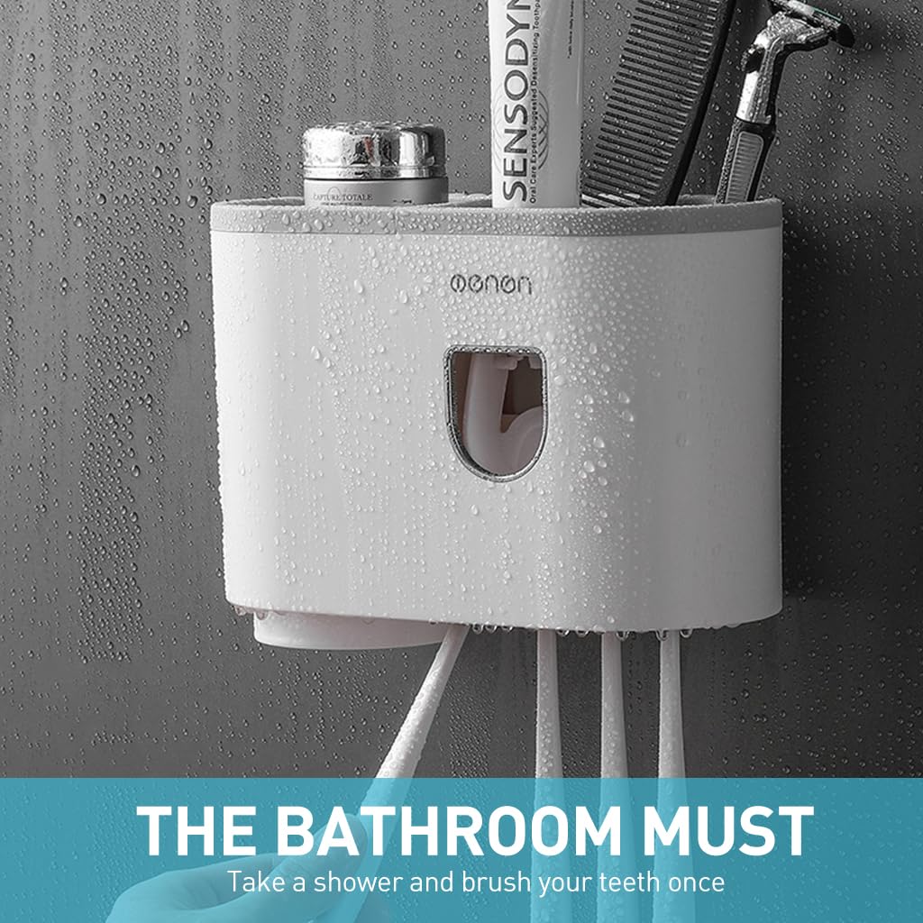 ZIBUYU Toothbrush Holder for Bathroom with Toothpaste Dispenser and Single Cup | 3 in 1 Wall Mounted Organizer 2PCS