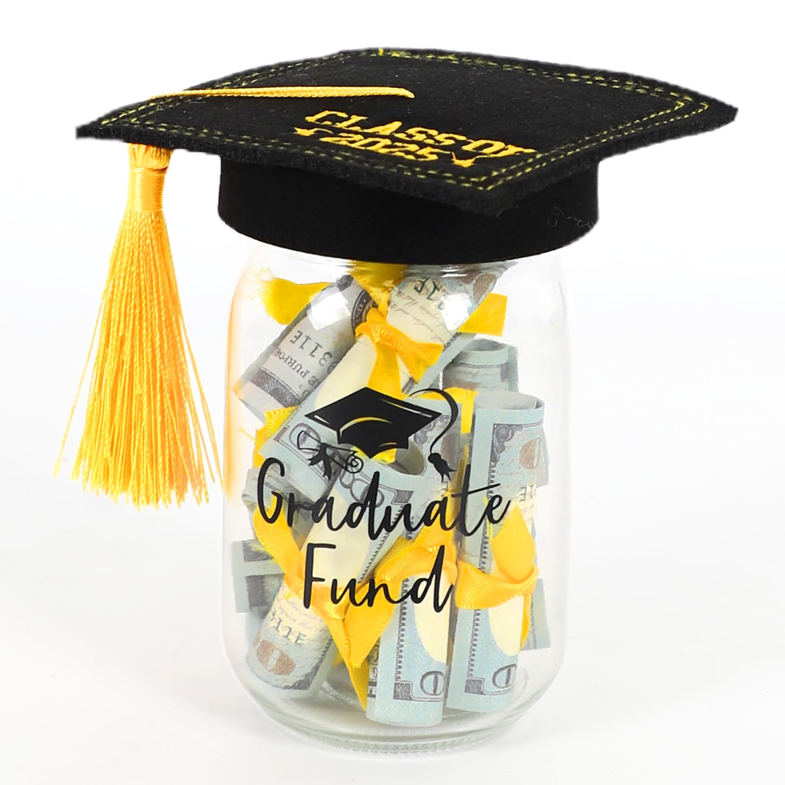 HASTHIP® Graduation Gifts 2025 - Personalized Name Graduation Mason Jar - Filled with Money & Class of 2025 Cap Kit - Centerpieces Congrats Decorations Party Supplies for Women Men College High School