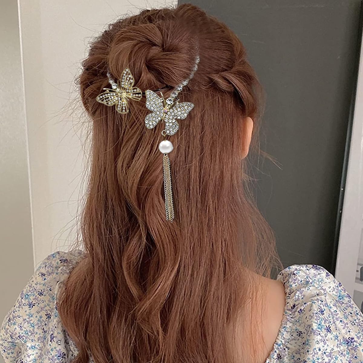 Venzina Butterfly Bow Hair Clip for Wedding and Daily Use featuring Self Lock Claw | Rhinestone Tassel Design for Women Girls