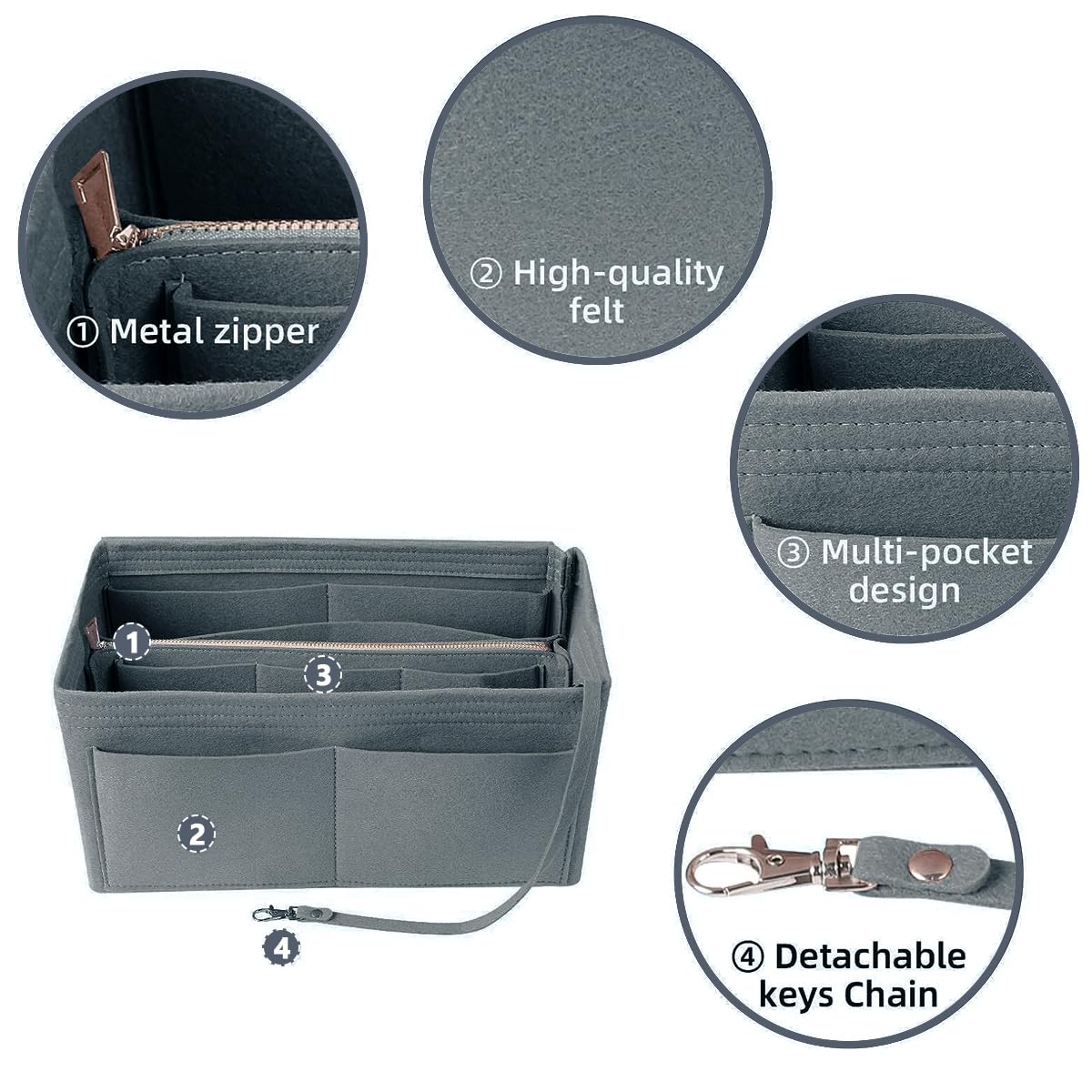 MAYCREATE Women Felt Purse Organizer Insert for Handbag featuring Multi Pocket Design and Detachable Zipper Pouch 26×14×15cm Grey