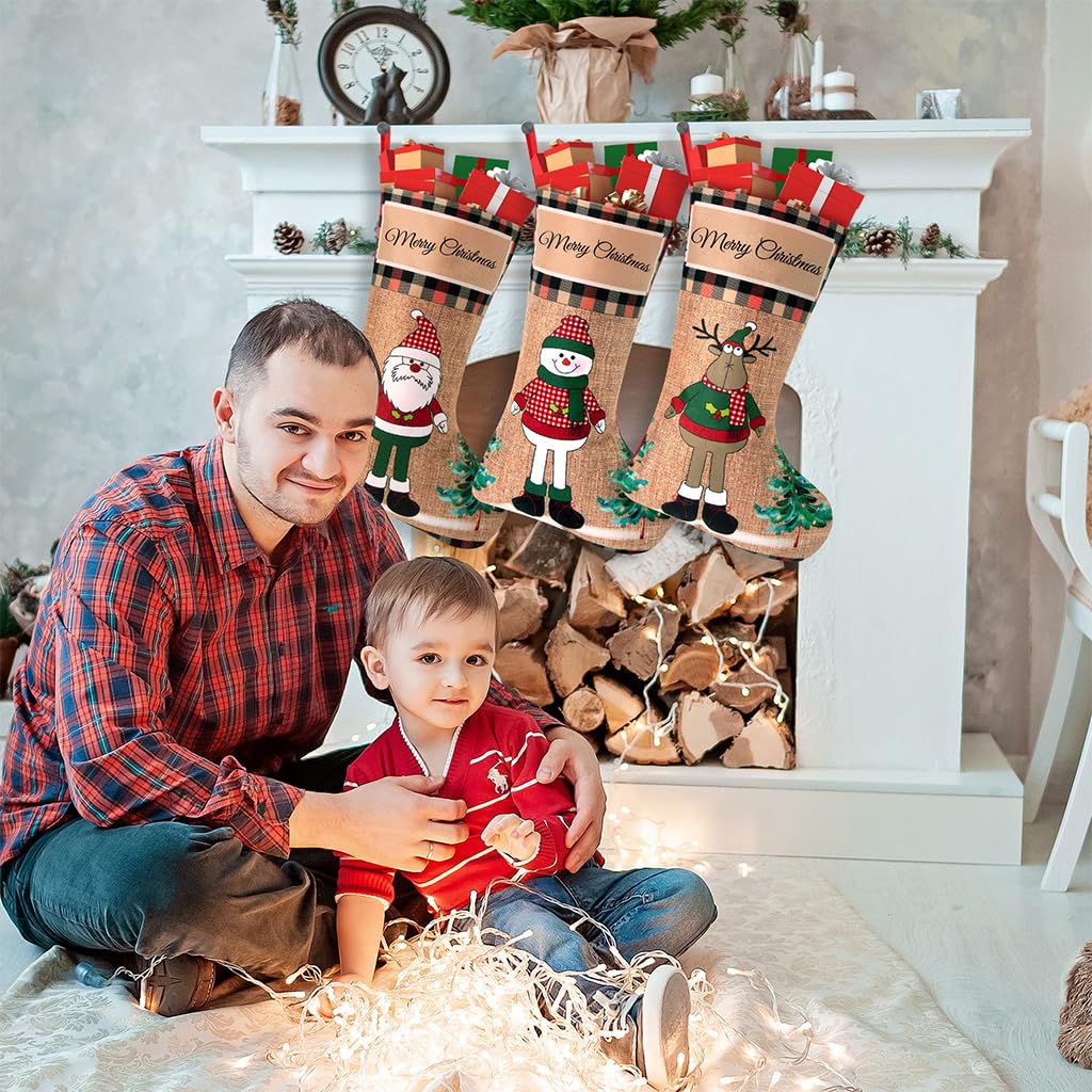 HASTHIP Christmas Stockings 3pcs 16 inch Linen Set for Fireplace and Tree | Elk Snowman Santa Design
