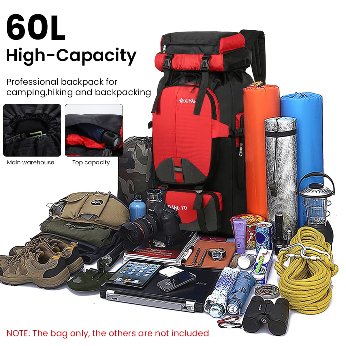 GUSTAVE Travel Backpack for Hiking and Camping 70L with Ergonomic Burden Relief | Waterproof Nylon Rucksack