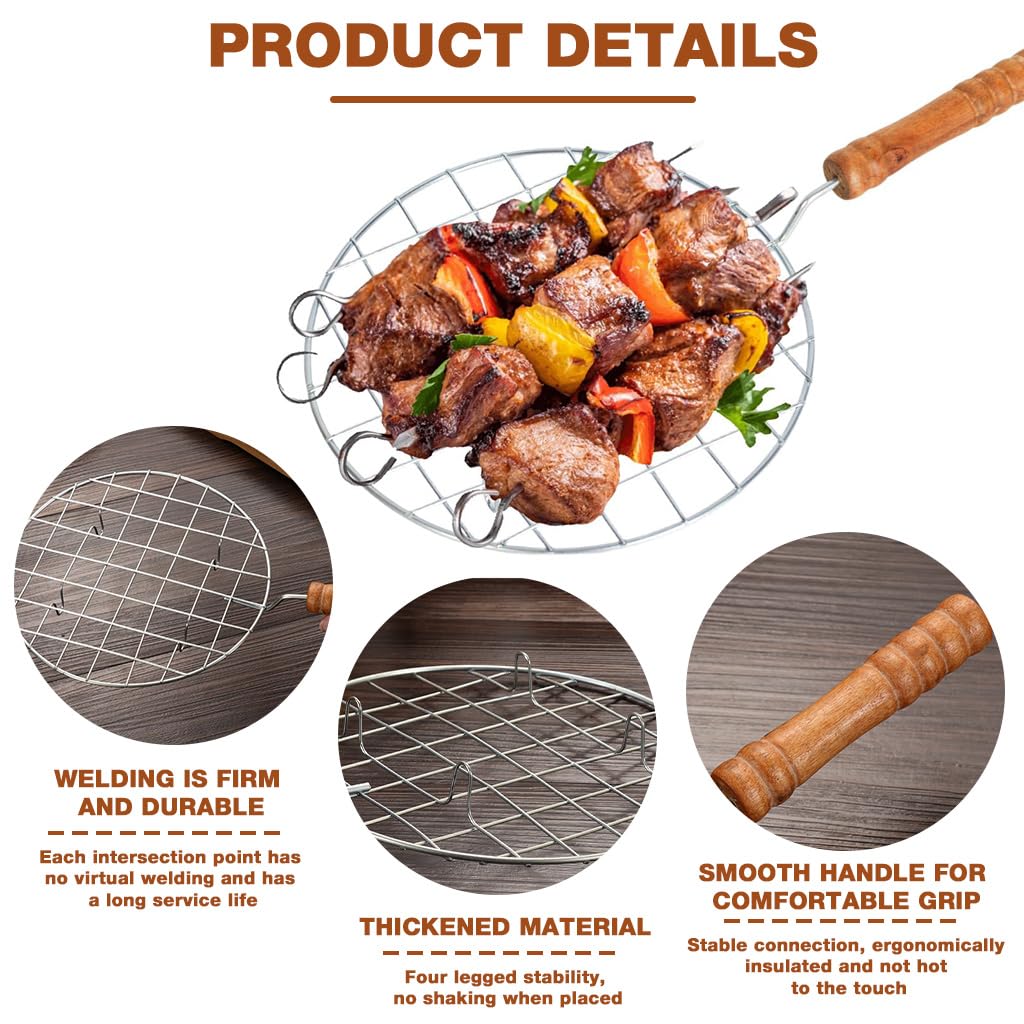 Supvox Wooden Handle Round Grill Rack for Outdoor Cooking with 7.4 in Stainless Steel Grid