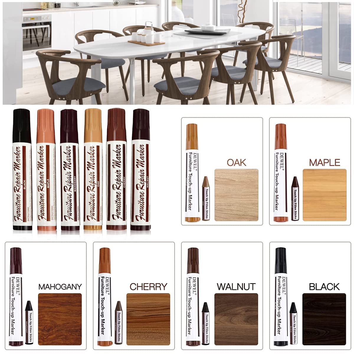 HASTHIP Furniture Touch Up Paint Marker Set for Wood Repair with 13 Pieces and Sharpener Kit