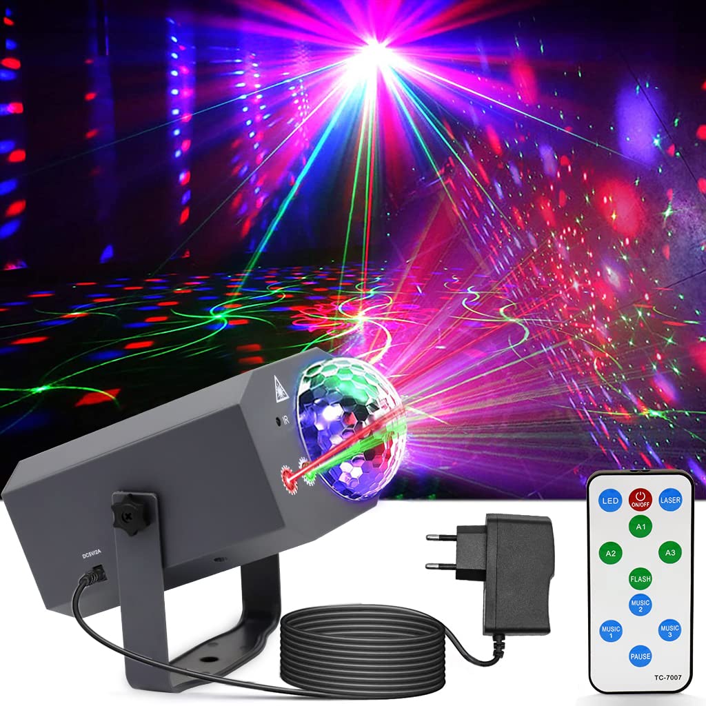 ELEPHANTBOAT DJ Party Disco Light for Home with 12 Pattern Laser and RGB LED Ball | Remote Control Sound Active Mode