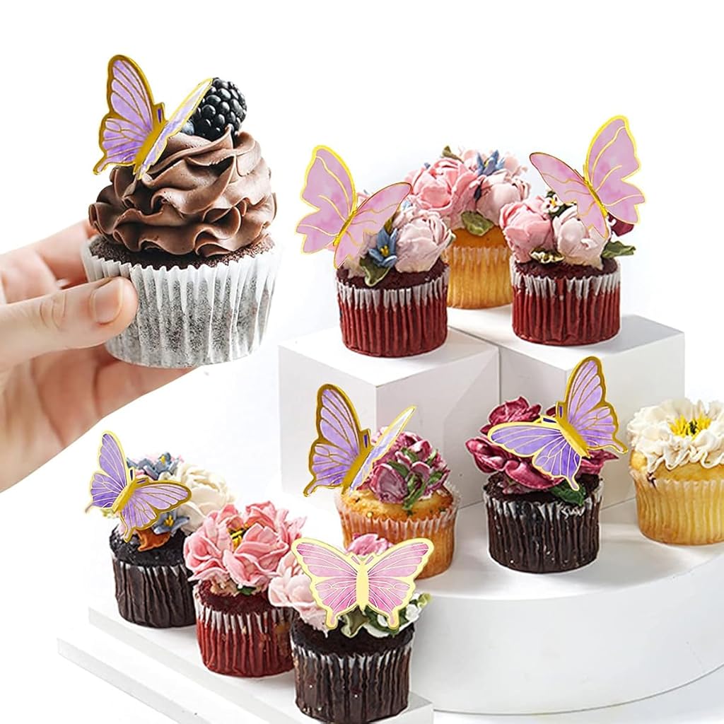 HASTHIP® 40pcs Butterfly Cake Toppers for Cake Decoration, Cute Butterfly Cake Decoration Items Happy Birthday Cake Topper for Cake Decoration with 1 Acrylic & 1 Iron Happy Birthday Topper