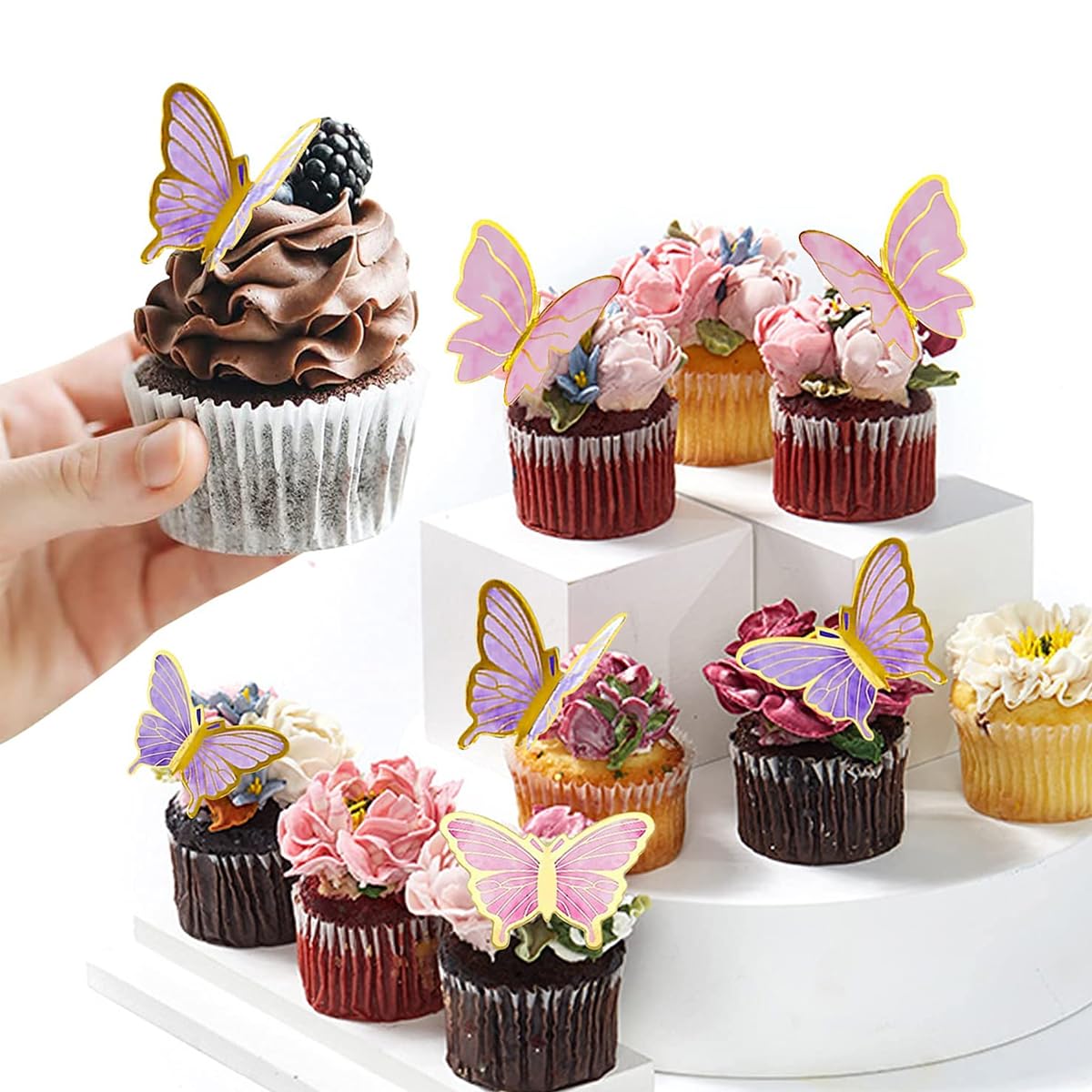 HASTHIP Butterfly Cake Decorations for Birthday Cakes with 22 pcs Set in Pink & Purple | Reusable Acrylic and Iron Circle Toppers