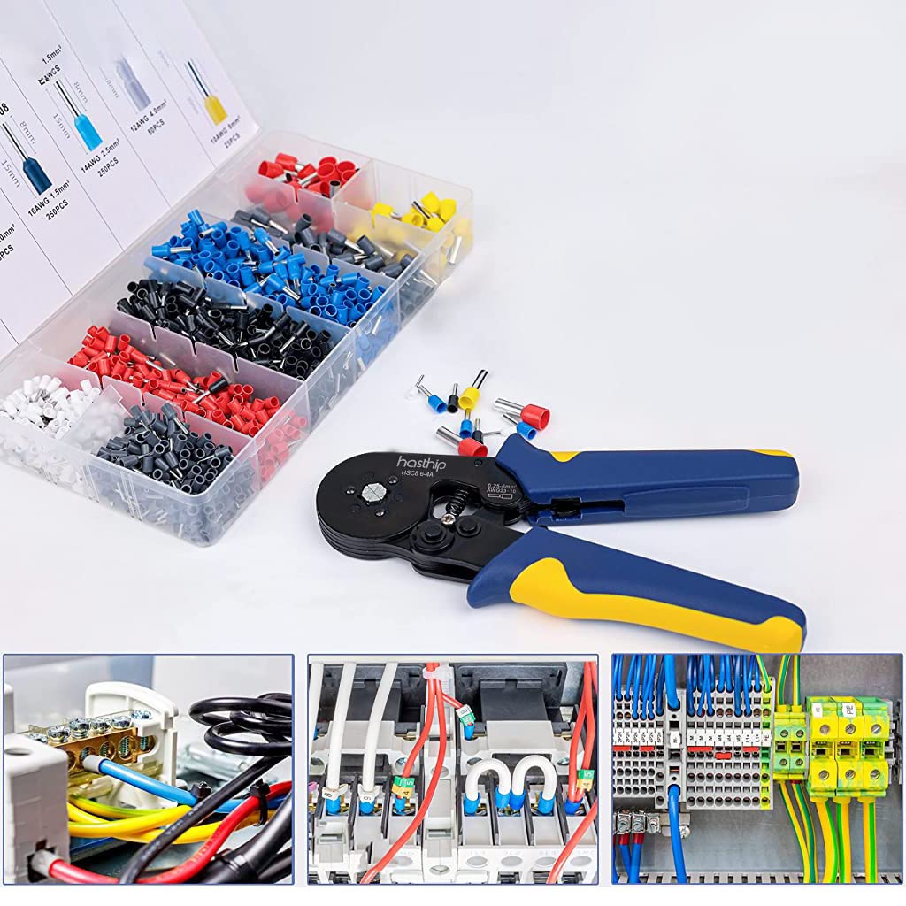 HASTHIP Ferrule Crimping Tool Kit for Electrical Connections with 1200 pcs Copper Terminals | Self Adjusting Ratchet Plier