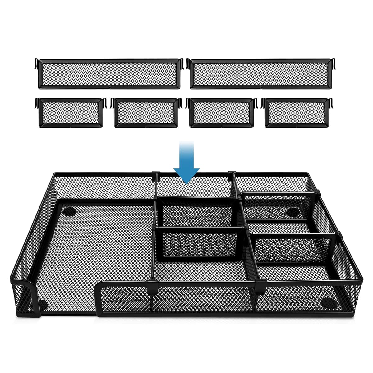 Desk Drawer Organizer Tray for Office and Home with 6 Adjustable Compartments 32x22x4.5cm Metal Mesh Design